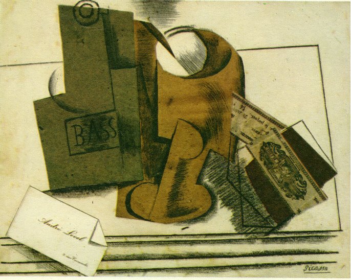 Picasso Bottle of bass, glass and package of tobacco 1914
